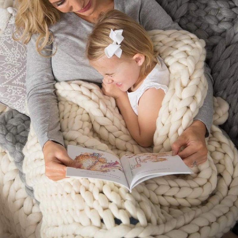 MLMGUO Chunky Knit Blanket Hand Made Merino Wool Throw Boho Bedroom Sofa Home Decor Giant Yarn(Ivory White 40"x60") - Image 5